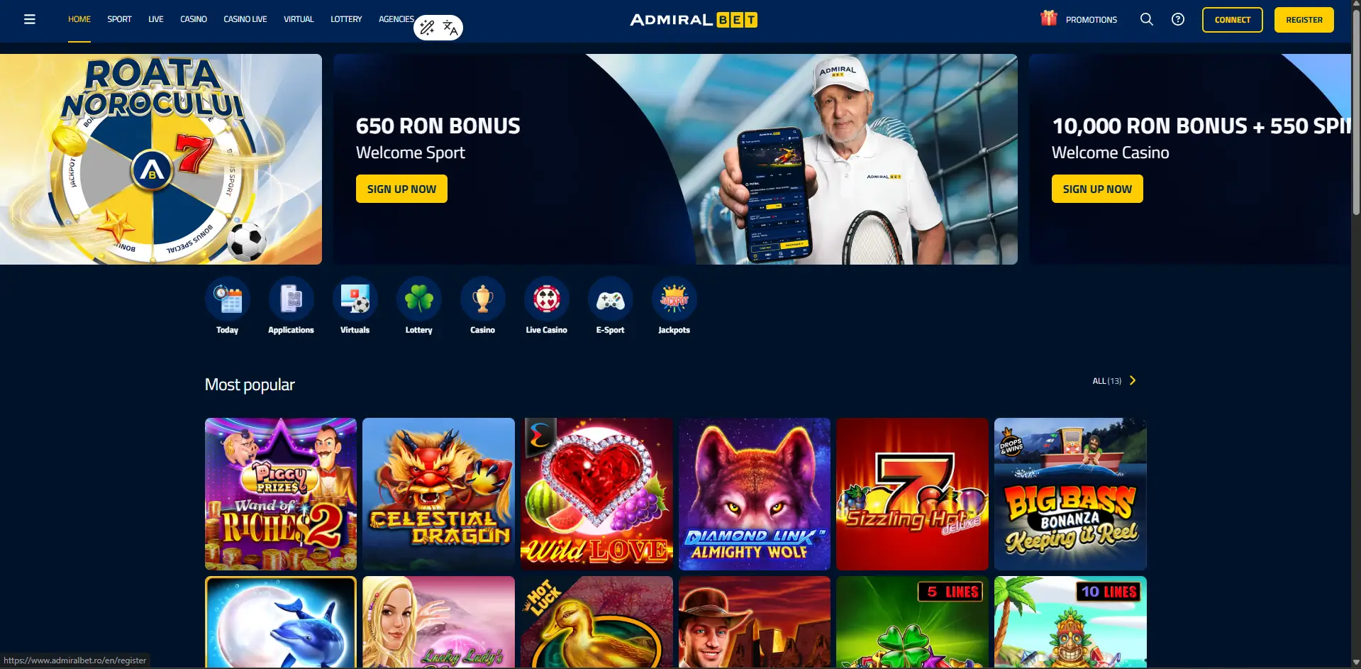 admiral bet main menu