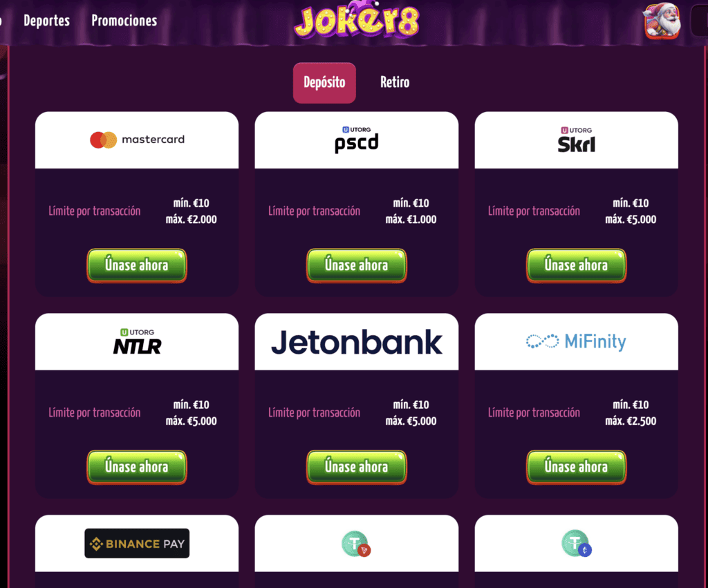 Métodos de Pago en Joker 8 Casino