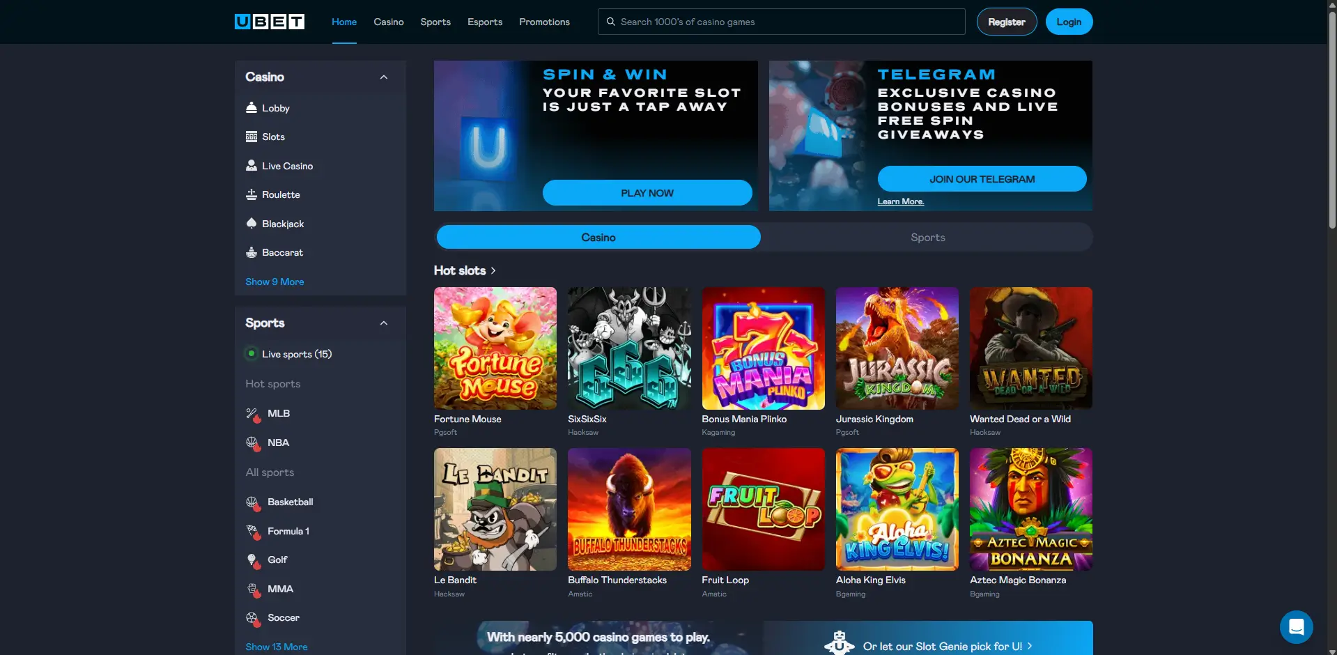 ubet casino main menu